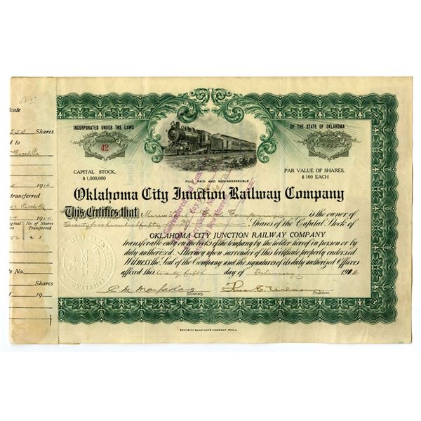 OK. Oklahoma City Junction Railway Co., 1914, I/C Stock Certificate.
