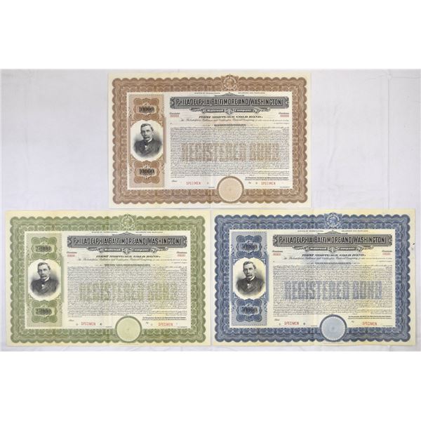 PA. Philadelphia, Baltimore and Washington Railroad Co., Specimen Bond Trio