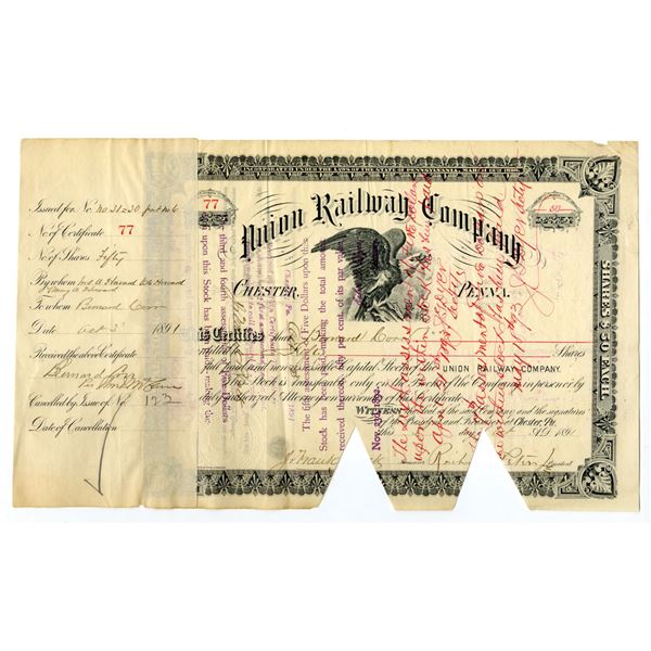 PA. Union Railway Co., 1891, I/C Stock Certificate.