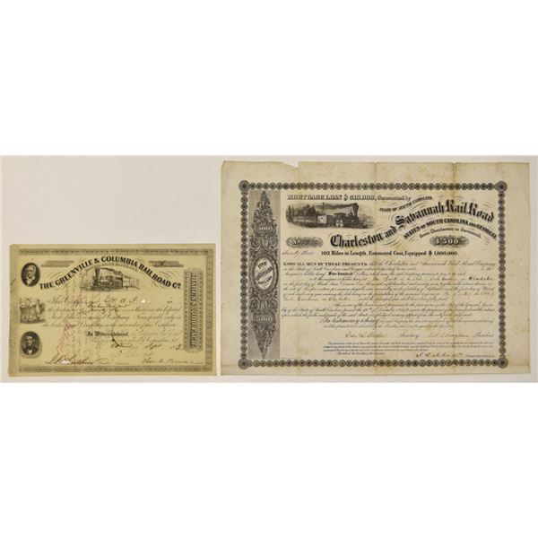 SC. South Carolina Railroad Stock and Bond Certificate Pair, 1856 and 1859