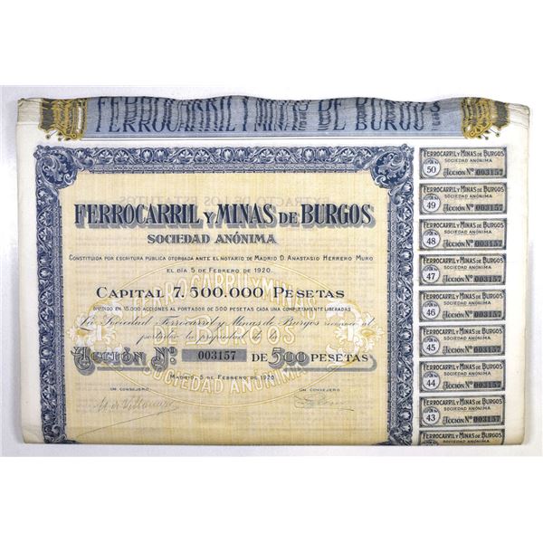Spain. Ferrocarril y Minas de Burgos, 1920 I/U Share Certificate Lot of 50 Certificates