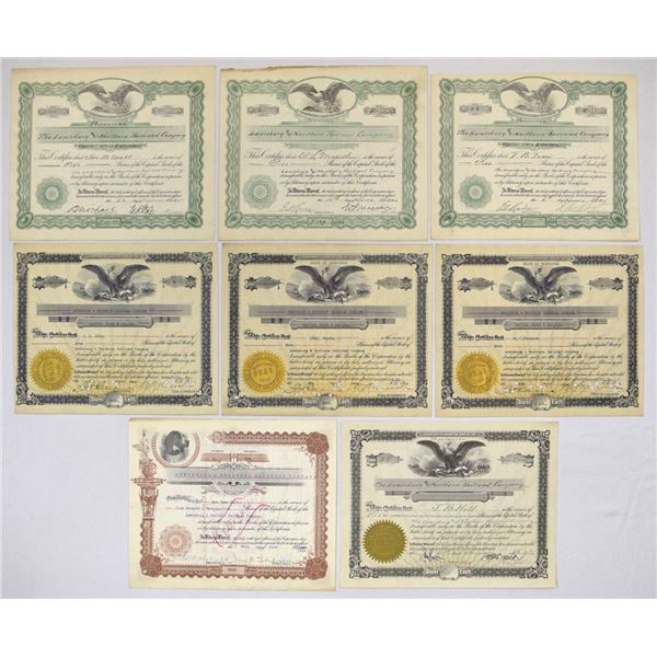 TN. Lewisburg & Northern Railroad Co., 1910 to 1935 Lot of 8 I/C Stock Certificates.