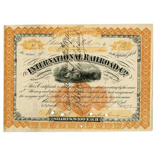 TX. International Railroad Co., 1872, I/C Stock Certificate with U.S. Imprinted Revenue in Middle.