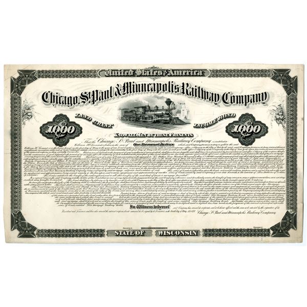 WI. Chicago, Milwaukee, and St. Paul & Minneapolis Railway Co. 1878 Possibly Unique Progress Proof B