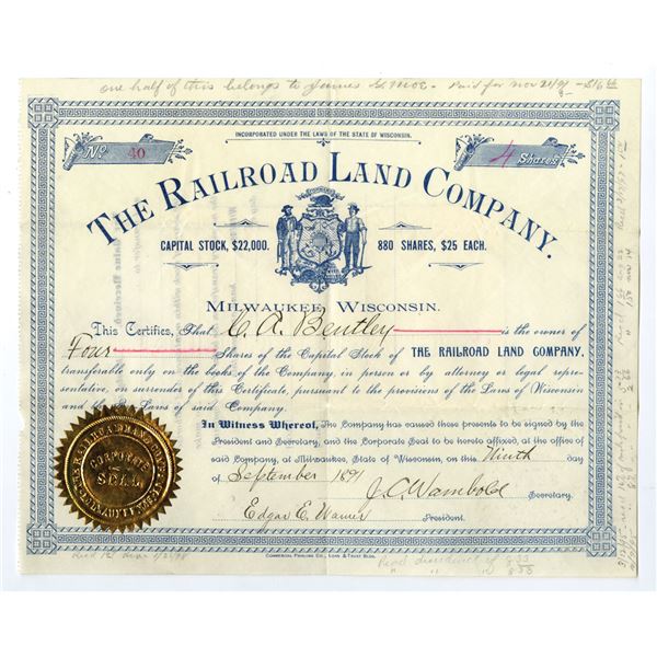 WI. Railroad Land Co., 1891, Issued Stock Certificate.