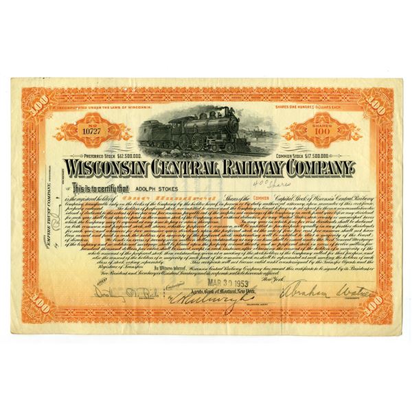 WI. Wisconsin Central Railway Co., 1953, Issued Stock Certificate.