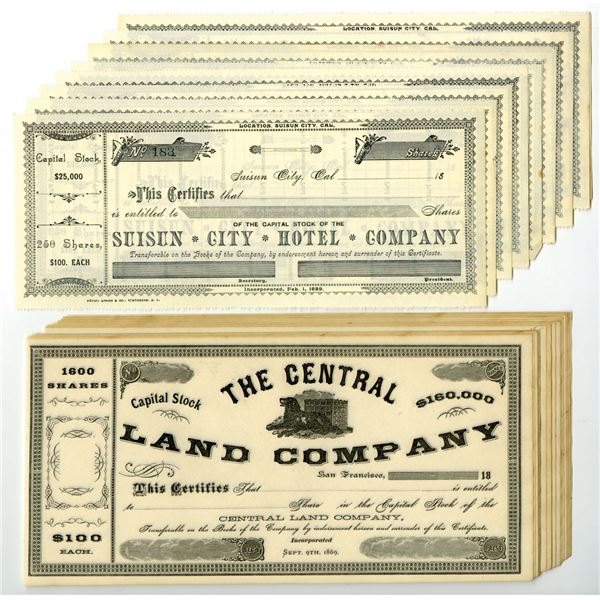 CA. Suisun City Hotel & Central Land Co. Unissued Stock Certificate Group, ND (ca.1860s to 1880s).