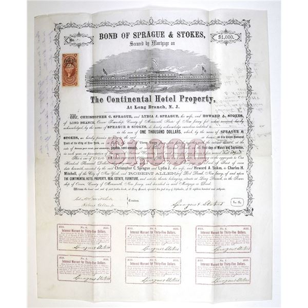NJ. Continental Hotel Property, 1866, I/U Coupon Bond.