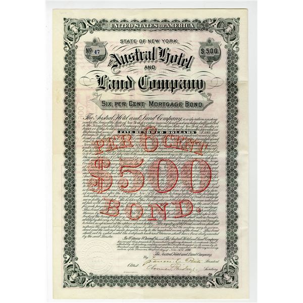 NY. Austral Hotel and Land Co. 1890 I/U Bond