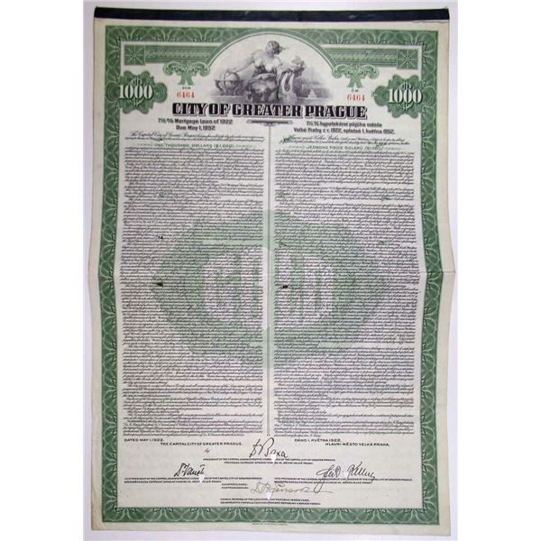 City of Greater Prague, 1922 $1000 I/C 7.5% Mortgage Coupon Bond, Fine