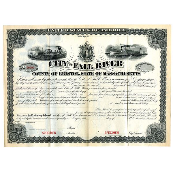 MA. City of Fall River, ND(1900-20s). Specimen Bond, VF-XF condition. ABNC