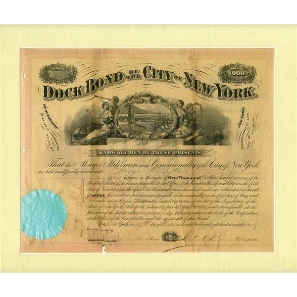 NY. Dock Bond of the City of New York, 1870, I/C and Framed Bond