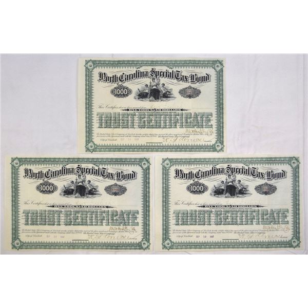 NC. North Carolina Special Tax Bond, 1887, Issued Bond Trio.