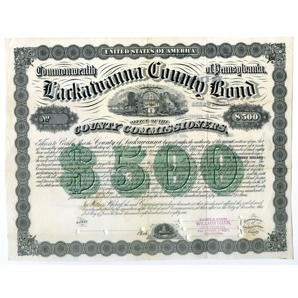 PA. Lackawanna County Bond, Office of the County Commissioners, 1881, Specimen Bond.