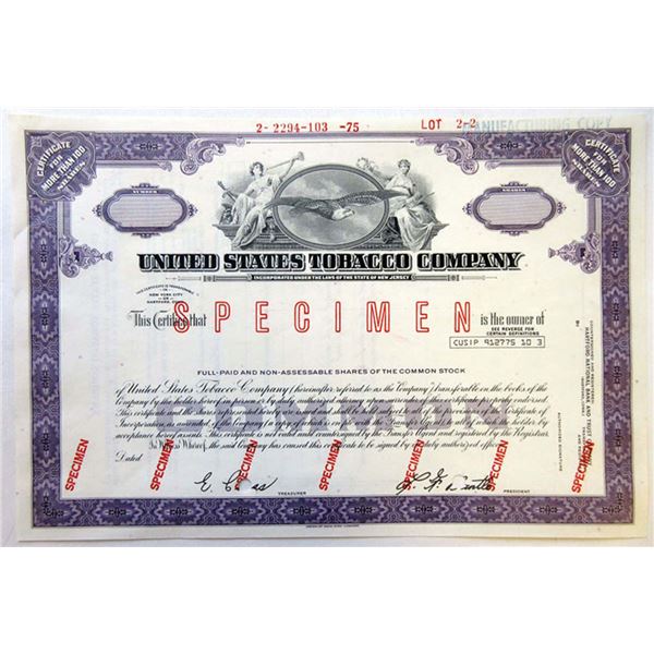 NJ. United States Tobacco Co, 1975 >100 Shrs Specimen Stock Cert., VF ABN