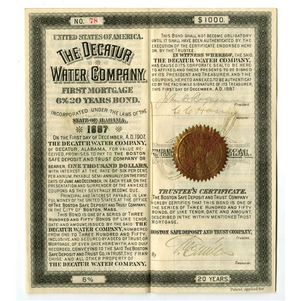 AL. Decatur Water Co., 1887, I/U Coupon Bond.