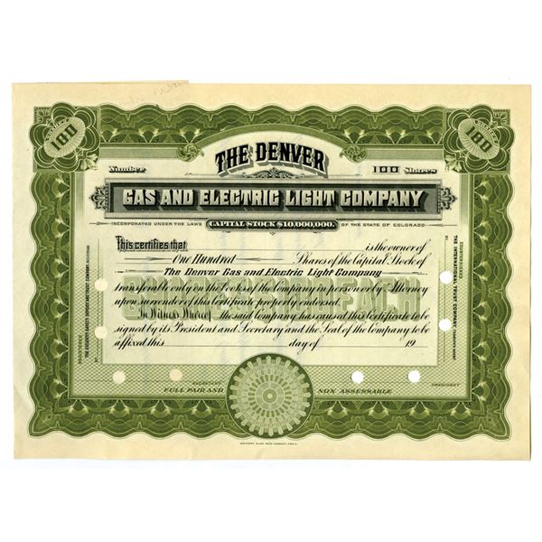 CO. Denver Gas and Electric Light Co., ND (1900 t0 1920s), Specimen Stock Certificate.