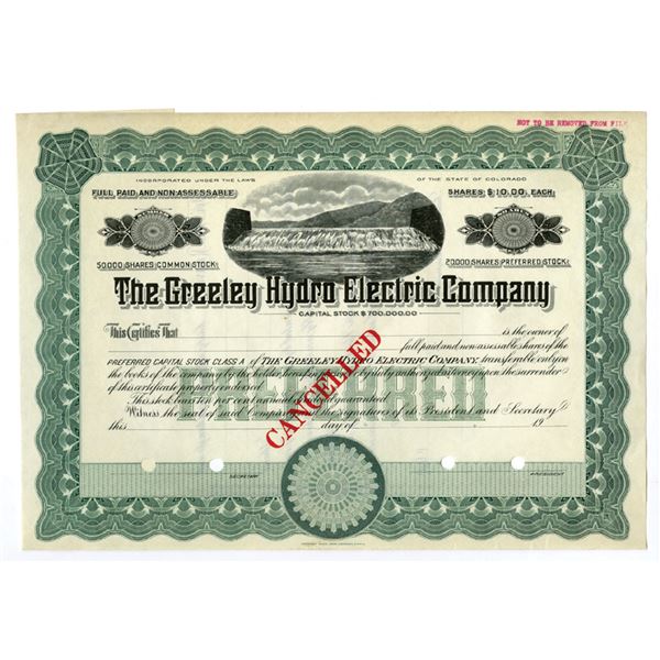 CO. Greeley Hydro Electric Co., ND (1900-20s), Specimen Stock Certificate.