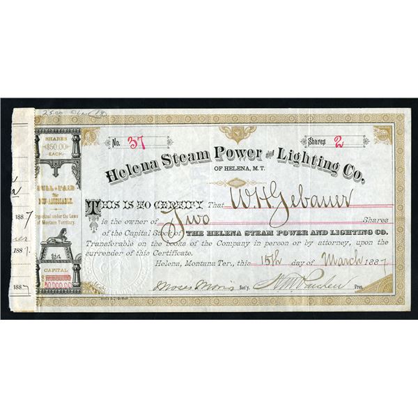 Montana Territory. Helena Steam Power and Lighting Co. 1887 I/U Stock Certificate