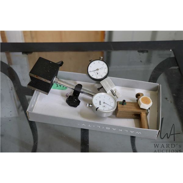 Magnetic dial indicator base with two specialized dial indicators