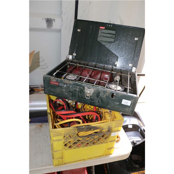 Coleman 425 liquid fuel camping stove and a selection of extension chords and booster cables