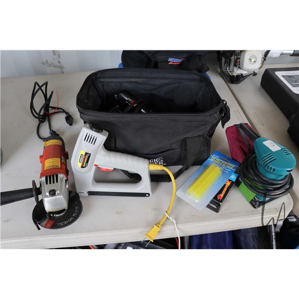 Selection of power tools including Western 4" grinder, Makita square finishing sander with dust bag,