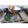 Image 1 : Pail of hand tools including Stanley hand saw, steel fish tape, assortment of adjustable wrenches, 2