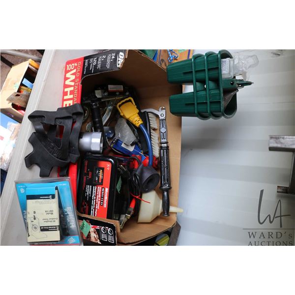 Selection of hand tools and accessories including Motomaster 100/15/2A-6&12v Automatic battery charg