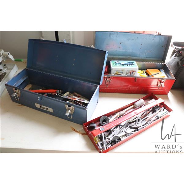 2 metal tool boxes and contents including wrenches, adjustable wrenches, pliers, files, hammers, etc