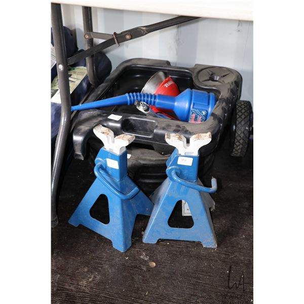 Selection of automotive service tools including Campbell Hausfeld 1/2" air impact, 2 jack stands, oi