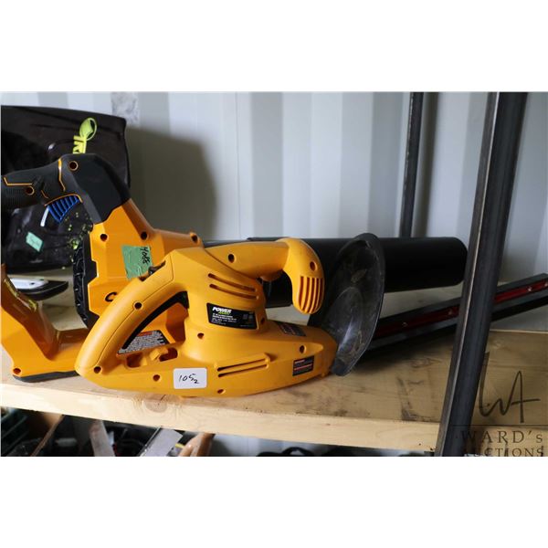 Cub Cadet cordless blower, missing battery, check for updates, and a Power Max chorded hedge trimmer