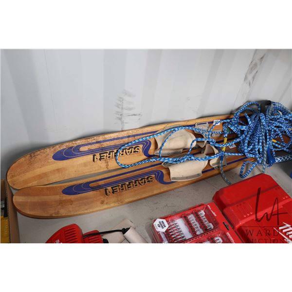 Vintage pair of wood Starfire 1 water skis and tow rope
