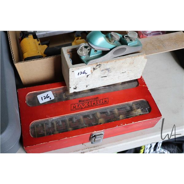 Mastercraft Maximum 15 piece Forestner bit set and a small block plane