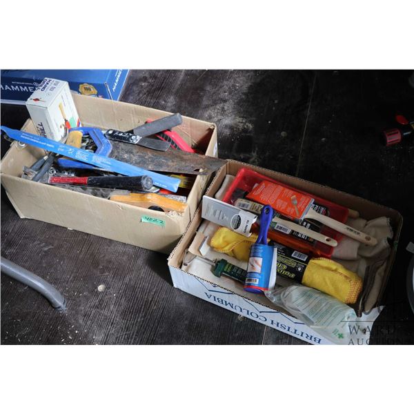 Selection of tools and hardware including heavy duty hand drill, hand saws, hammers, chisels, assort