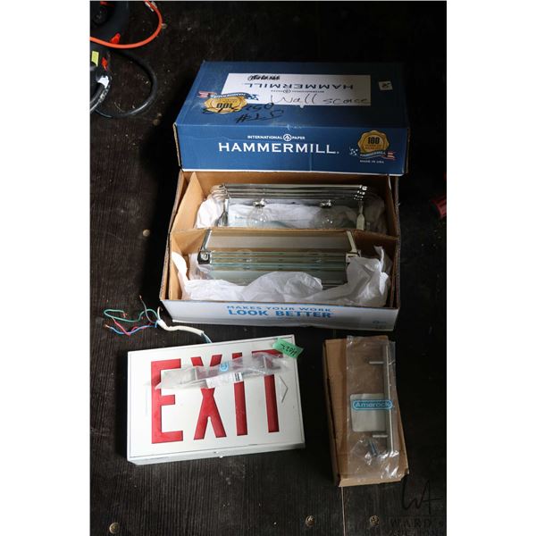 Set of new nickel and glass wall sconces, an exit sign, and a box containing 26 Amerock 128mm stirli