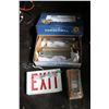 Image 1 : Set of new nickel and glass wall sconces, an exit sign, and a box containing 26 Amerock 128mm stirli