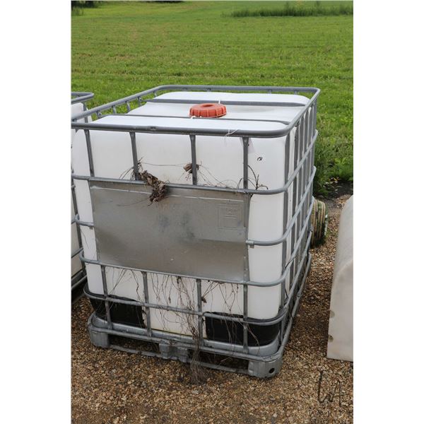Schutz 1000L/275gal water tank with shutoff valve and caged pallet, 46"x39"x48"
