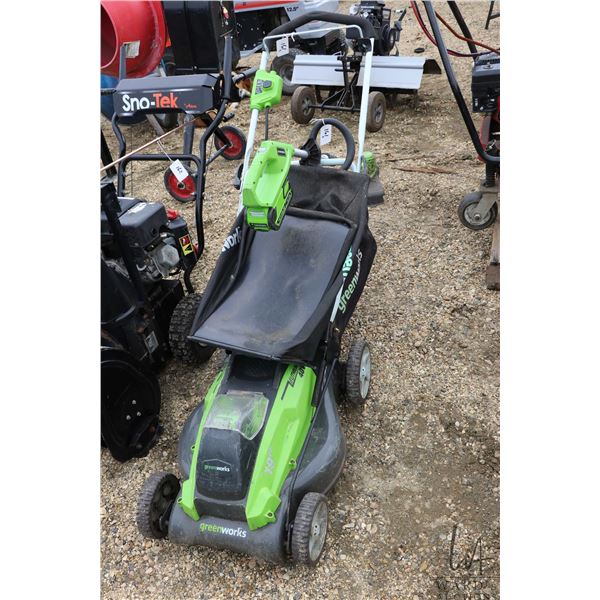 Green Works 40v cordless electric lawn mower and trimmer, both working at time of catalouging, comes