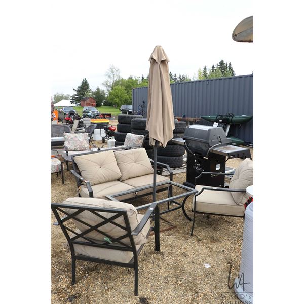 5 piece patio furniture set with sofa, 2 chairs, centre table, note no glass, and umbrella