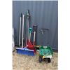 Image 1 : Selection of lawn care tools including a Scotts Turfbuilder fertilizer/seed spreader, garden fork, s