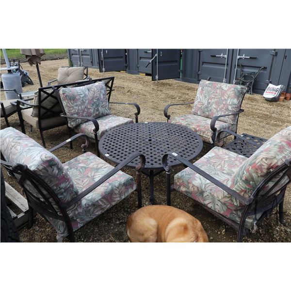 6 piece patio furniture set including 4 metal arm chairs, foot stool, and a 41" centre table