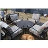 Image 1 : 6 piece patio furniture set including 4 metal arm chairs, foot stool, and a 41" centre table