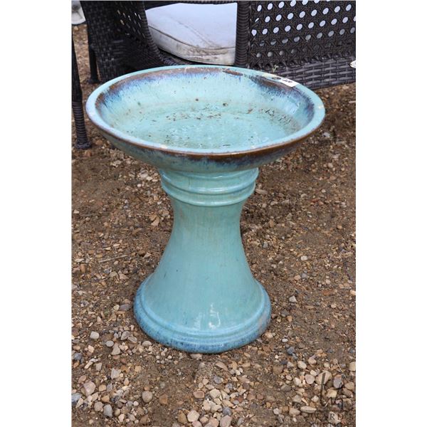 Teal glazed stoneware bird bath, 18" tall, 17" diameter
