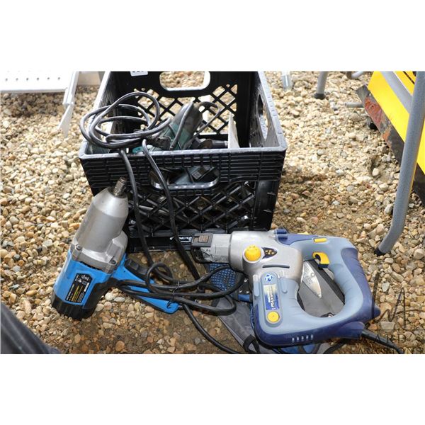 Selection of corded electric power tools including Makita drywall gun, 2 4" angle grinders, Mastercr