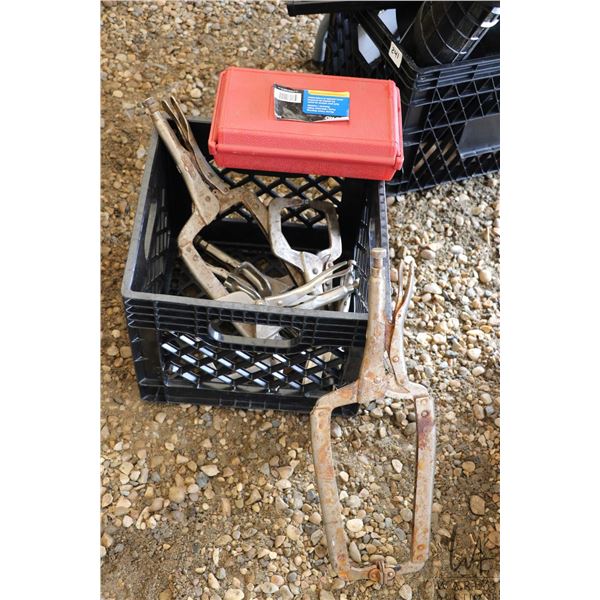 Assortment of Vice Grips and welding clamps, and a power steering pump pulley puller