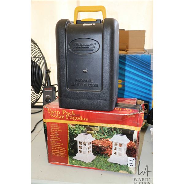 Twin pack of pagoda style solar garden lights and a Coleman propane lantern in hard case