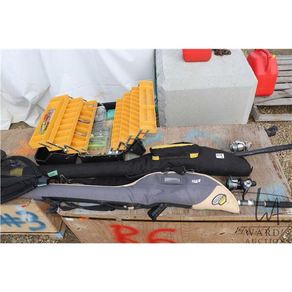 Selection of fishing equipment including Mitchell casting rod and reel in soft case, a Daiwa TriForc