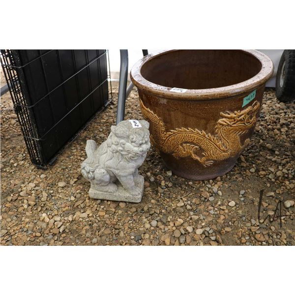 Lion motif outdoor ceramic planter, 13" tall x 16" diameter plus a small concrete foo dog