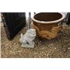 Image 1 : Lion motif outdoor ceramic planter, 13" tall x 16" diameter plus a small concrete foo dog
