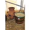 Image 1 : 3 planters including a terracotta multi-level planter, a green ceramic planter, and a metal brass an